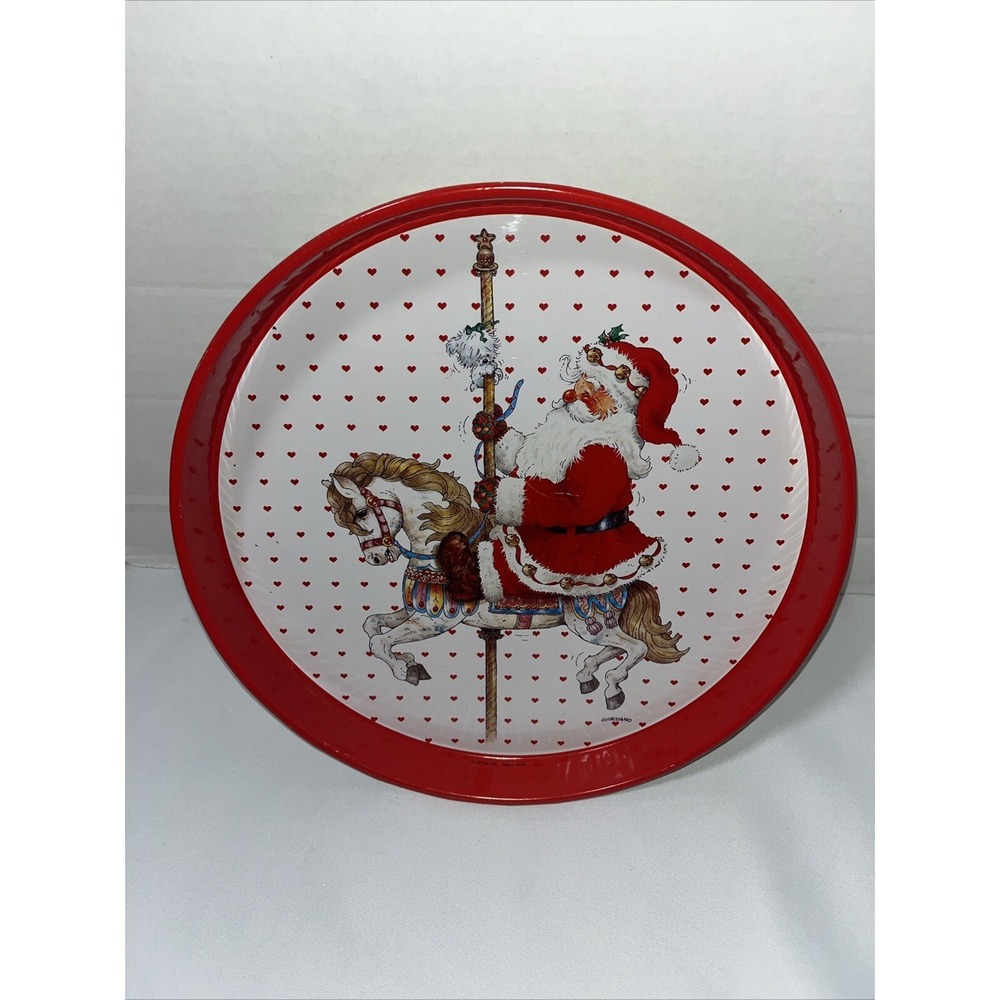 Christmas Metal Tin Giordano Cookie Serving Tray Plate Santa On Carousel Vtg